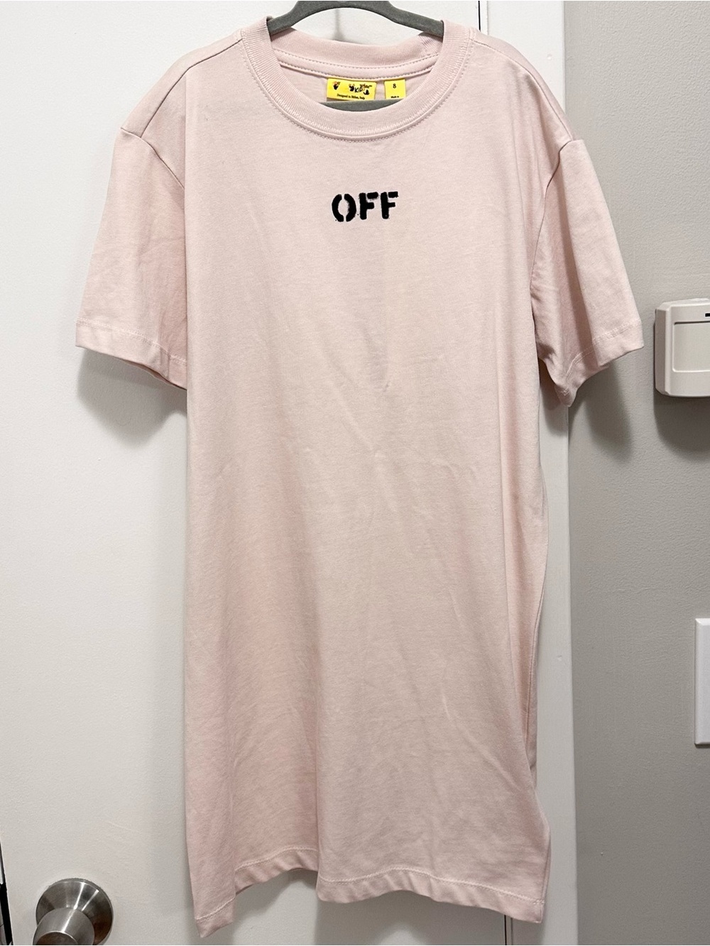 Off White Kids Virgil Abloh 2013 OFF Stamp Basic Tee Dress Girls 8 beige pink